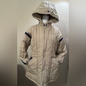 CB Puffer Hooded Kids Beige/Navy Jacket. Size 11/12